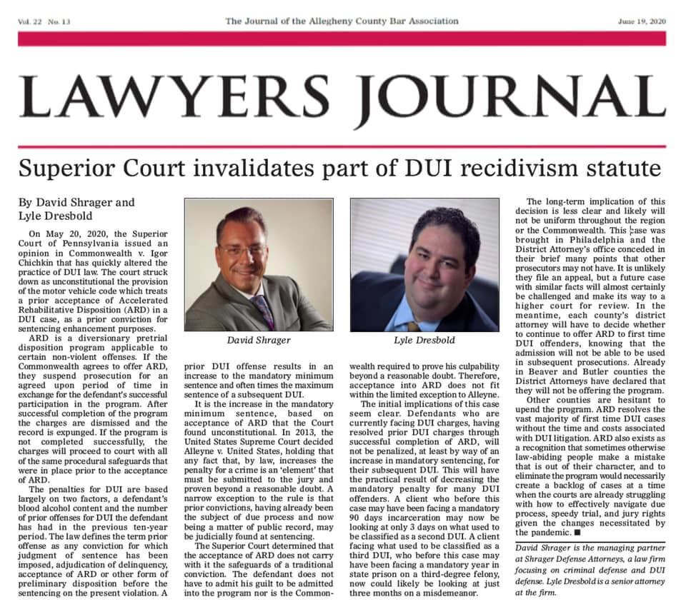 Lawyers Journal Article - DUI Laws Pennsylvania